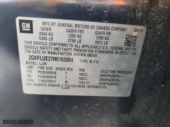 2017 GMC Terrain SLT with VIN 2GKFLUE37H6163084, listed as a Copart auction lot 87999405 with 189,457 mi miles and Salvage Title. Bid and sale history available at carsss.com. Image 13.