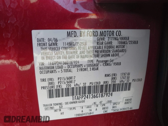 2006 Ford Five Hundred SEL с VIN 1FAFP24136G187924, выставлен на аукционе IAAI как лот 42086207 с пробегом 57 968 миль миль и . История ставок и продаж доступна на DreamBid. Изображение 9.
