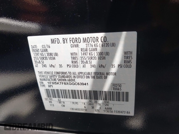 2016 Ford Explorer Limited with VIN 1FM5K7F8XGGC63941, listed as a IAAI auction lot 42037728 with 82,293 mi miles and . Bid and sale history available at DreamBid. Image 9.