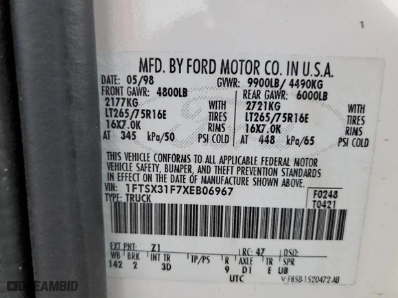 1999 Ford Super Duty F-350 SRW XL with VIN 1FTSX31F7XEB06967, listed as a Copart auction lot 76656764 with 131,087 mi miles and Salvage Title. Bid and sale history available at carsss.com. Image 12.