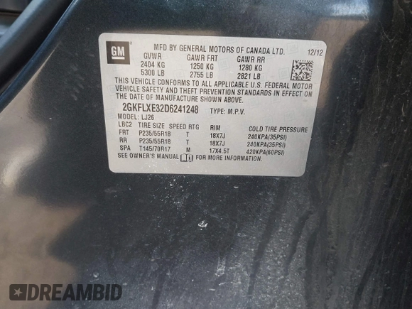 2013 GMC Terrain SLT z VIN 2GKFLXE32D6241248, wystawiony jako IAAI lot #41588759 z przebiegiem 176 116 mil mil oraz . Historia ofert i sprzedaży dostępna na DreamBid. Obrazek 9.