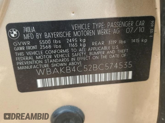 2011 BMW 7 Series 740Li z VIN WBAKB4C52BC574535, wystawiony jako Copart lot #45248435 z przebiegiem Nie podano mil oraz Szkoda całkowita • Salvage title. Historia ofert i sprzedaży dostępna na DreamBid. Obrazek 14.