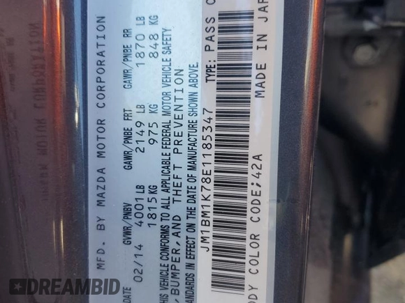 2014 Mazda 3 i Sport with VIN JM1BM1K78E1185347, listed as a Copart auction lot 47872775 with Not Provided miles and Salvage Title. Bid and sale history available at carsss.com. Image 13.