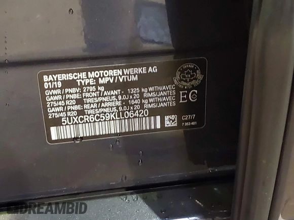 2019 BMW X5 xDrive40i with VIN 5UXCR6C59KLL06420, listed as a IAAI auction lot 42210761 with 86,252 mi miles and . Bid and sale history available at DreamBid. Image 9.