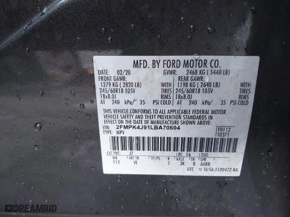 2020 Ford Edge SEL with VIN 2FMPK4J91LBA70604, listed as a IAAI auction lot 41002567 with 123,050 mi miles. Bid and sale history available at carsss.com. Image 9.