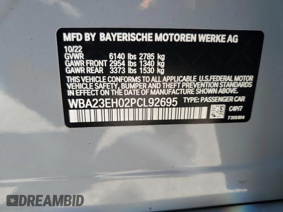2023 BMW 7 Series 740i with VIN WBA23EH02PCL92695, listed as a Copart auction lot 49352065 with 11,758 mi miles and Salvage title. Bid and sale history available at DreamBid. Image 13.