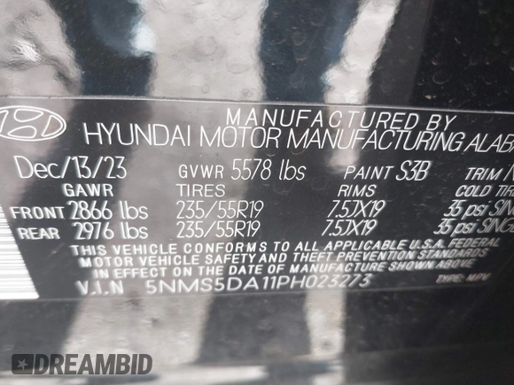 2023 Hyundai Santa Fe Hybrid Limited with VIN 5NMS5DA11PH023273, listed as a IAAI auction lot 41146668 with 19,283 mi miles. Bid and sale history available at carsss.com. Image 9.