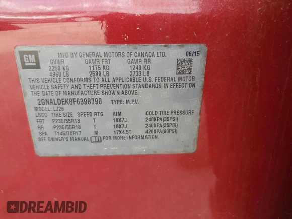 2015 Chevrolet Equinox LTZ with VIN 2GNALDEK8F6398790, listed as a Copart auction lot 51361265 with 201,009 mi miles and Clean Title. Bid and sale history available at carsss.com. Image 13.