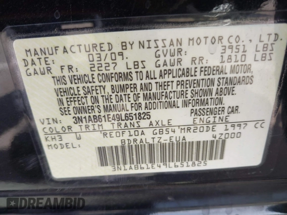 2009 Nissan Sentra FE+ with VIN 3N1AB61E49L651825, listed as a IAAI auction lot 41996638 with 224,491 mi miles and . Bid and sale history available at DreamBid. Image 9.