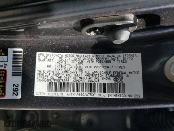 2015 Toyota Tacoma with VIN 3TMMU4FN7FM078006, listed as a Copart auction lot 59129495 with 244,062 mi miles and Salvage title. Bid and sale history available at DreamBid. Image 13.