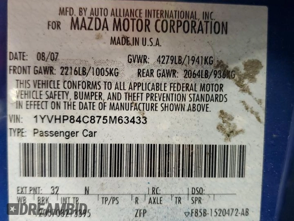 2007 Mazda 6 i Sport VE with VIN 1YVHP84C875M63433, listed as a Copart auction lot 52194875 with 151,030 mi miles and Salvage Title. Bid and sale history available at DreamBid. Image 12.