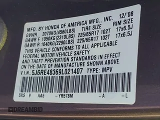 2009 Honda CR-V LX with VIN 5J6RE48369L021407, listed as a IAAI auction lot 41995070 with 224,823 mi miles. Bid and sale history available at carsss.com. Image 9.