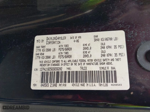2006 Dodge Ram 1500 SLT with VIN 1D7HU18256S656202, listed as a IAAI auction lot 41891285 with 1 mi miles. Bid and sale history available at carsss.com. Image 9.