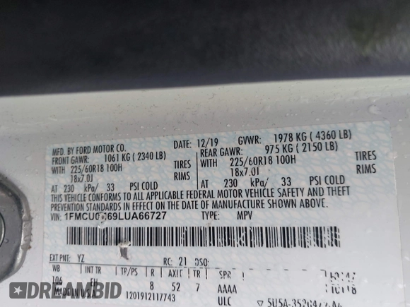 2020 Ford Escape SEL с VIN 1FMCU0H69LUA66727, выставлен на аукционе IAAI как лот 42605199 с пробегом 59 013 миль миль и . История ставок и продаж доступна на DreamBid. Изображение 9.