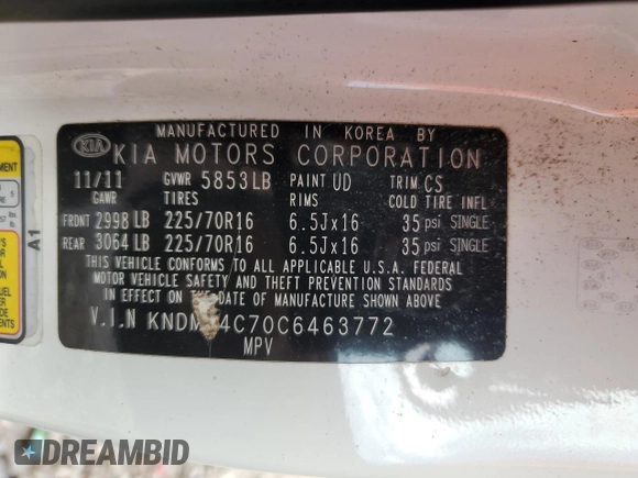 2012 Kia Sedona LX with VIN KNDMG4C70C6463772, listed as a Copart auction lot 63697464 with 72,637 mi miles and Salvage Title. Bid and sale history available at carsss.com. Image 13.
