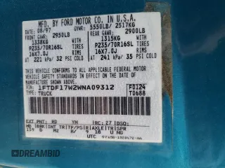 1998 Ford F-150 z VIN 1FTDF17W2WNA09312, wystawiony jako Copart lot #48290845 z przebiegiem 167 417 mil mil oraz Szkoda całkowita • Salvage title. Historia ofert i sprzedaży dostępna na DreamBid. Obrazek 15.