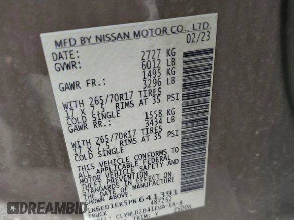 2023 Nissan Frontier Pro-4X with VIN 1N6ED1EK5PN641391, listed as a Copart auction lot 46895485 with 17,465 mi miles and Salvage title. Bid and sale history available at DreamBid. Image 13.