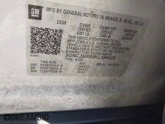 2019 Chevrolet Trax LS with VIN 3GNCJNSB5KL196519, listed as a IAAI auction lot 41686357 with 117,162 mi miles. Bid and sale history available at carsss.com. Image 9.