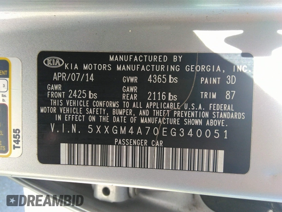 2014 Kia Optima LX with VIN 5XXGM4A70EG340051, listed as a IAAI auction lot 42048762 with 146,519 mi miles. Bid and sale history available at carsss.com. Image 9.