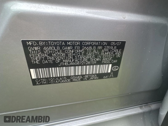 2007 Lexus ES 330 with VIN JTHBJ46G872128159, listed as a Copart auction lot 48200745 with 225,302 mi miles and Clean Title. Bid and sale history available at DreamBid. Image 10.