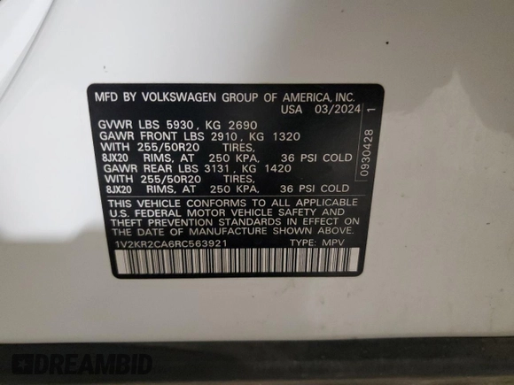 2024 Volkswagen Atlas SE with VIN 1V2KR2CA6RC563921, listed as a Copart auction lot 61643005 with 38,257 mi miles and Non repairable. Bid and sale history available at DreamBid. Image 13.