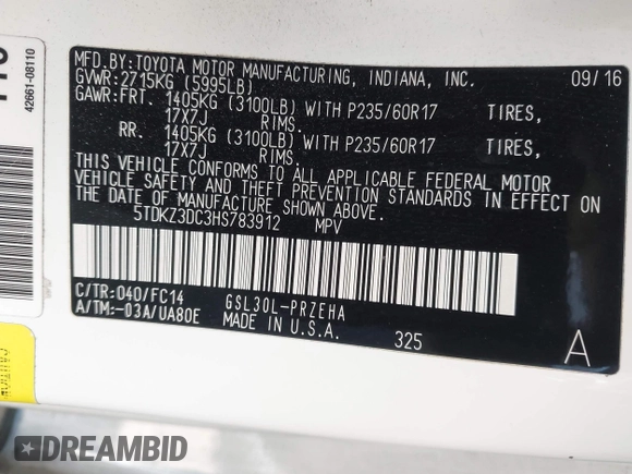2017 Toyota Sienna LE Auto Access Seat with VIN 5TDKZ3DC3HS783912, listed as a IAAI auction lot 42664089 with 200,309 mi miles and . Bid and sale history available at DreamBid. Image 9.