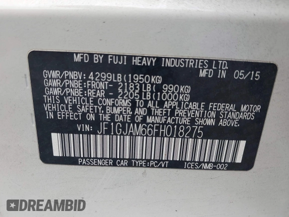 2015 Subaru Impreza Limited с VIN JF1GJAM66FH018275, выставлен на аукционе IAAI как лот 42362307 с пробегом 114 979 миль миль и . История ставок и продаж доступна на DreamBid. Изображение 9.