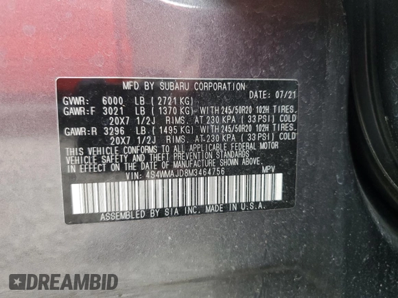 2021 Subaru Ascent Limited z VIN 4S4WMAJD8M3464756, wystawiony jako Copart lot #58090775 z przebiegiem 27 133 mil mil oraz Szkoda całkowita • Salvage title. Historia ofert i sprzedaży dostępna na DreamBid. Obrazek 12.
