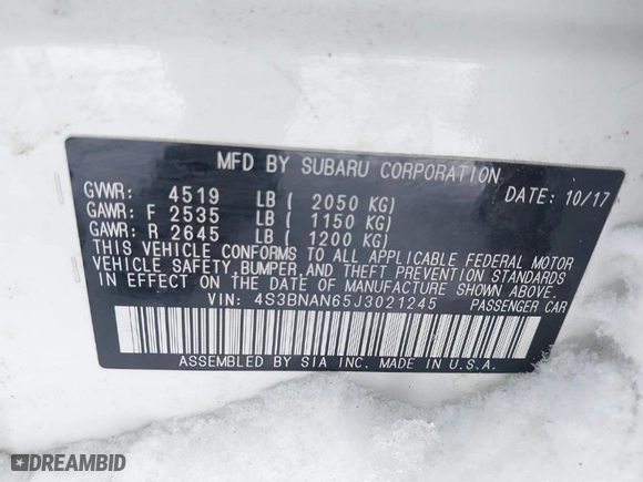 2018 Subaru Legacy Limited with VIN 4S3BNAN65J3021245, listed as a IAAI auction lot 41587054 with 44457 miles. Bid and sale history available at carsss.com. Image 9.