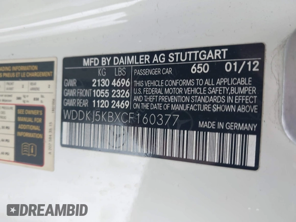 2012 Mercedes-Benz E 350 with VIN WDDKJ5KBXCF160377, listed as a IAAI auction lot 41547557 with 128,297 mi miles and . Bid and sale history available at DreamBid. Image 9.