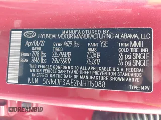 2022 Hyundai Tucson SEL with VIN 5NMJF3AE2NH115088, listed as a IAAI auction lot 41915800 with 13,120 mi miles and . Bid and sale history available at DreamBid. Image 9.