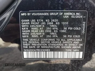2024 Volkswagen Atlas SE z VIN 1V2LE2CA7RC230983, wystawiony jako IAAI lot #41786500 z przebiegiem 34 241 mil mil oraz . Historia ofert i sprzedaży dostępna na DreamBid. Obrazek 9.