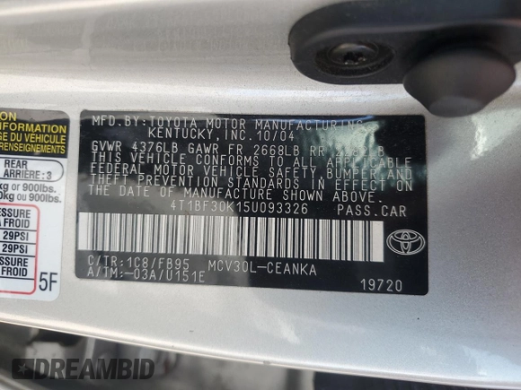 2005 Toyota Camry LE with VIN 4T1BF30K15U093326, listed as a Copart auction lot 48425395 with 90,728 mi miles and Salvage Title. Bid and sale history available at DreamBid. Image 15.