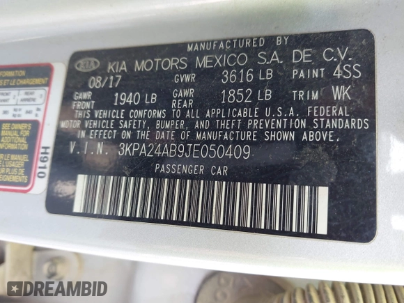 2018 Kia Rio LX with VIN 3KPA24AB9JE050409, listed as a IAAI auction lot 41982322 with 188,824 mi miles. Bid and sale history available at carsss.com. Image 9.