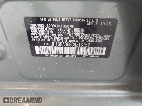 2016 Subaru Impreza Premium with VIN JF1GPAB68GH213152, listed as a IAAI auction lot 42606389 with 85,650 mi miles and . Bid and sale history available at DreamBid. Image 9.