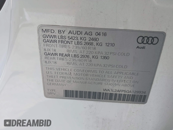 2016 Audi Q5 Premium Plus with VIN WA1L2AFP5GA129934, listed as a IAAI auction lot 42625281 with 93,521 mi miles and . Bid and sale history available at DreamBid. Image 9.