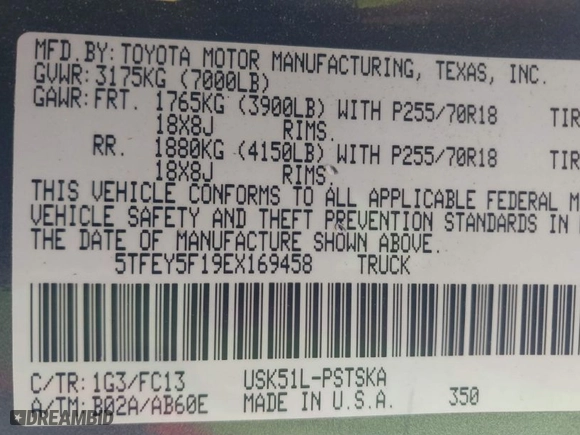 2014 Toyota Tundra 2WD Truck SR5 with VIN 5TFEY5F19EX169458, listed as a IAAI auction lot 41740131 with 165,251 mi miles. Bid and sale history available at carsss.com. Image 9.