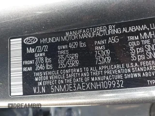 2022 Hyundai Tucson Limited with VIN 5NMJE3AEXNH109932, listed as a IAAI auction lot 41695953 with 42,254 mi miles. Bid and sale history available at carsss.com. Image 9.