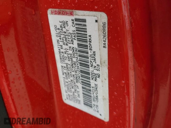 2000 Toyota ECHO with VIN JTDAT123XY0041692, listed as a Copart auction lot 73671444 with Not Provided miles and Non Repairable. Bid and sale history available at DreamBid. Image 13.