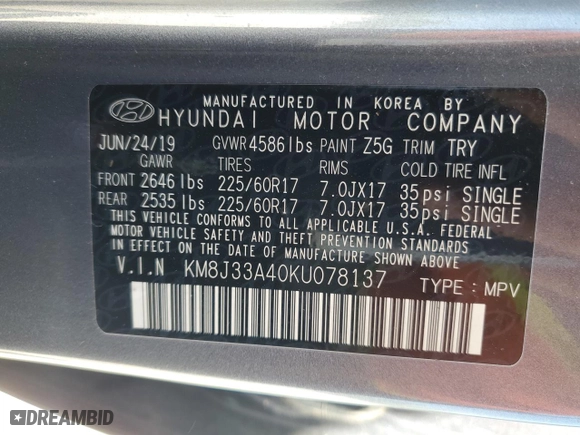 2019 Hyundai Tucson Value with VIN KM8J33A40KU078137, listed as a Copart auction lot 53717795 with 82,243 mi miles and Salvage Title. Bid and sale history available at carsss.com. Image 12.