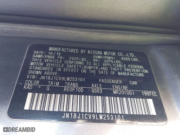 2020 Nissan Rogue Sport S with VIN JN1BJ1CV9LW253101, listed as a IAAI auction lot 41681440 with NaN miles. Bid and sale history available at carsss.com. Image 9.