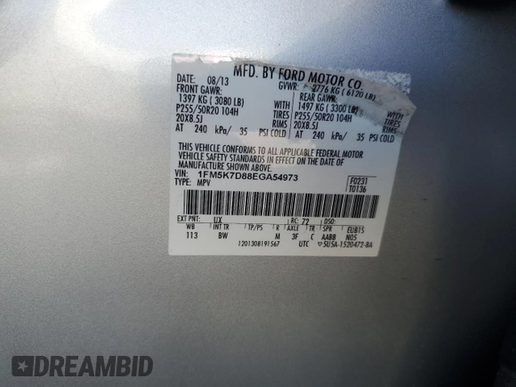 2014 Ford Explorer XLT with VIN 1FM5K7D88EGA54973, listed as a Copart auction lot 56163145 with 160,469 mi miles and Salvage title. Bid and sale history available at DreamBid. Image 14.