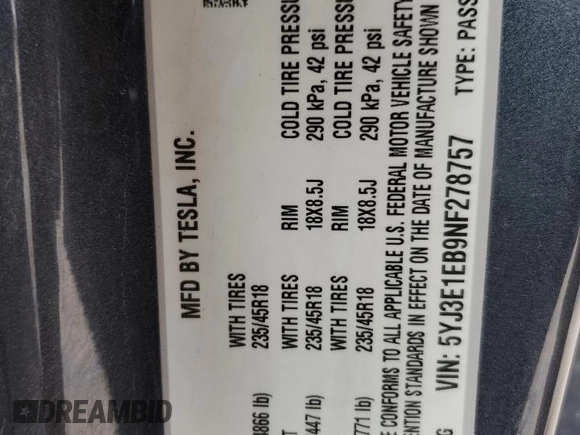 2022 Tesla Model 3 Long Range with VIN 5YJ3E1EB9NF278757, listed as a Copart auction lot 52187175 with 91,820 mi miles and Salvage Title. Bid and sale history available at DreamBid. Image 13.