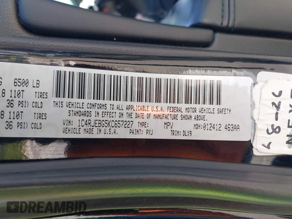 2019 Jeep Grand Cherokee Limited with VIN 1C4RJEBG5KC657227, listed as a IAAI auction lot 42530168 with 125,562 mi miles and . Bid and sale history available at DreamBid. Image 9.