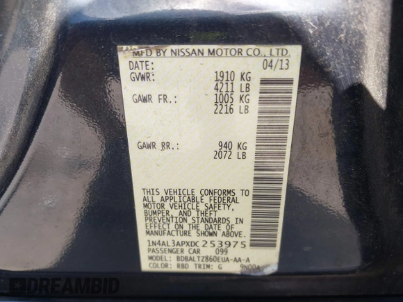 2013 Nissan Altima SV with VIN 1N4AL3APXDC253975, listed as a IAAI auction lot 42112765 with 169,825 mi miles and . Bid and sale history available at carsss.com. Image 9.