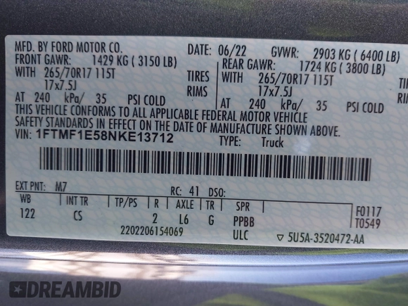 2022 Ford F-150 XL with VIN 1FTMF1E58NKE13712, listed as a IAAI auction lot 41360118 with 26,097 mi miles and . Bid and sale history available at DreamBid. Image 9.