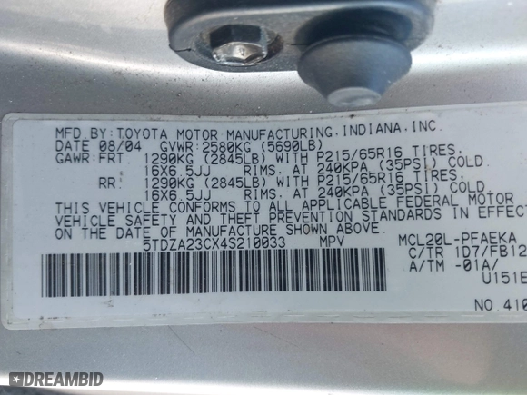2004 Toyota Sienna CE with VIN 5TDZA23CX4S210033, listed as a IAAI auction lot 42086059 with 271,521 mi miles. Bid and sale history available at carsss.com. Image 9.