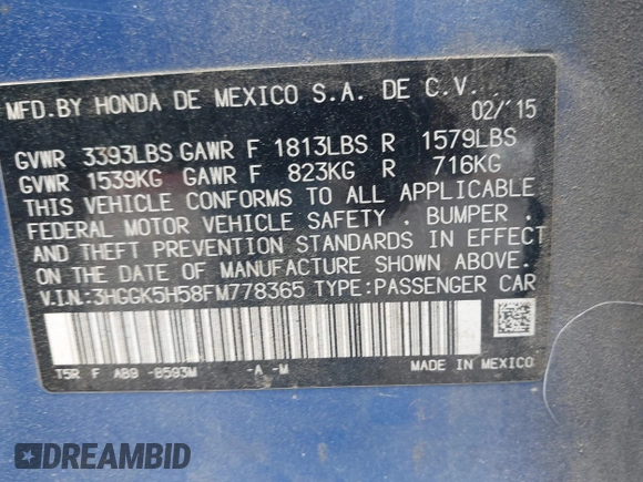 2015 Honda Fit LX with VIN 3HGGK5H58FM778365, listed as a IAAI auction lot 41901378 with 189,479 mi miles and . Bid and sale history available at DreamBid. Image 9.