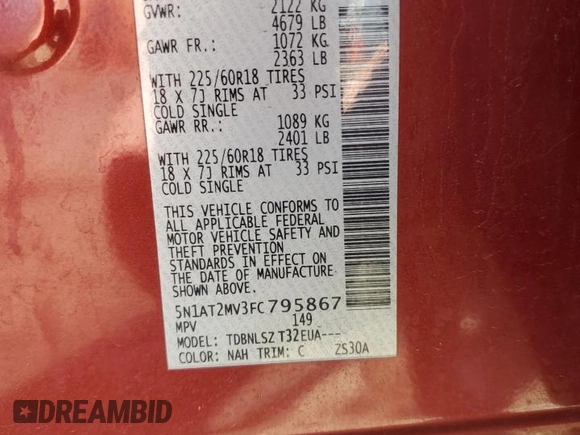 2015 Nissan Rogue SL z VIN 5N1AT2MV3FC795867, wystawiony jako Copart lot #54910715 z przebiegiem 99 328 mil mil oraz Szkoda całkowita • Salvage title. Historia ofert i sprzedaży dostępna na DreamBid. Obrazek 14.