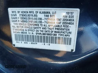 2008 Honda Odyssey Touring with VIN 5FNRL38818B021382, listed as a IAAI auction lot 41116757 with 6,894 mi miles. Bid and sale history available at carsss.com. Image 9.